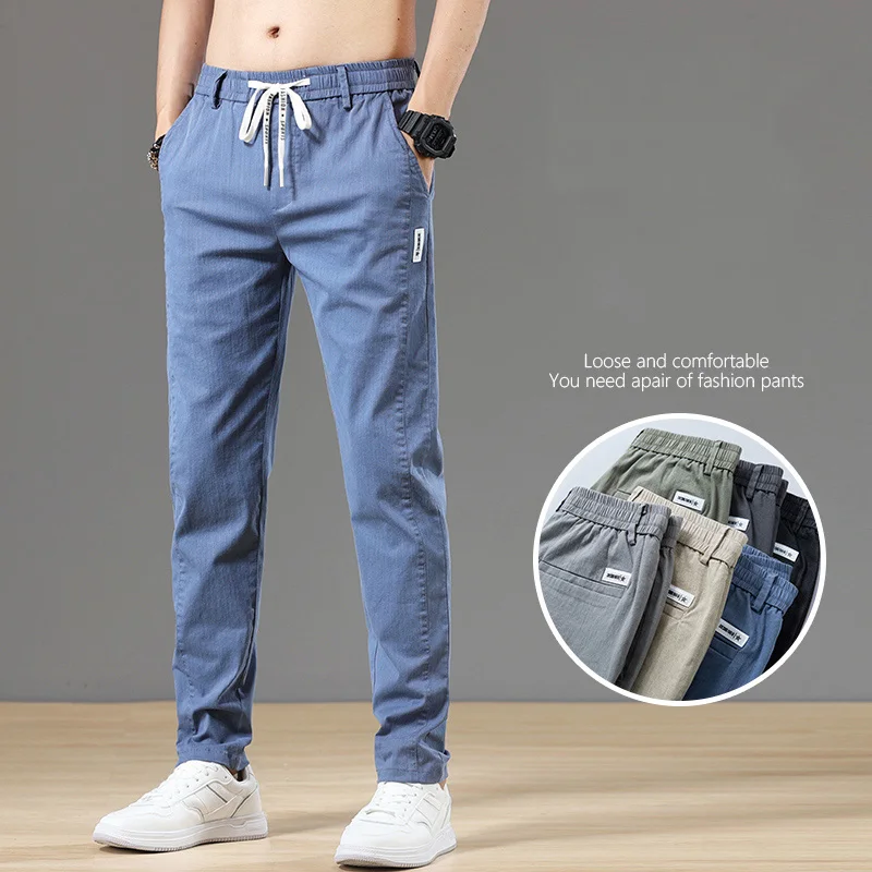 6 Colour Summer Men's Classic  Cotton Solid Color Fashion Business Casual Pants Elastic Waist Korean Fashion Men Clothing 28-38