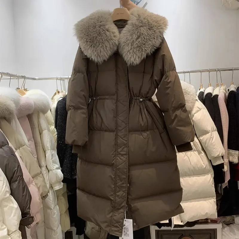 Damen-Jacke aus Fuchsfellimitat, warme Baumwolle, Winter 2022, verdicktes langes Design mit großem Pelzkragen, neuer Stil für kaltes Wetter