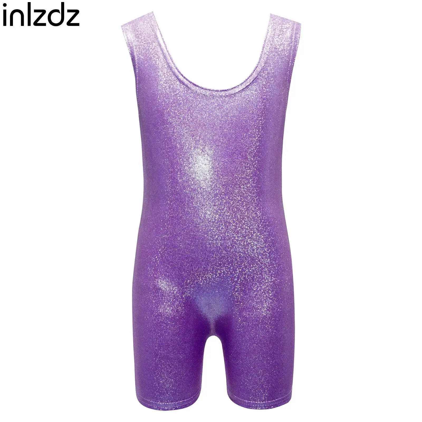 

Kids Girls Gymnastics Dance Short Jumpsuits Metallic Sleeveless Leotard Solid Color U Neck Stretchy Bodysuits for Dance Wear