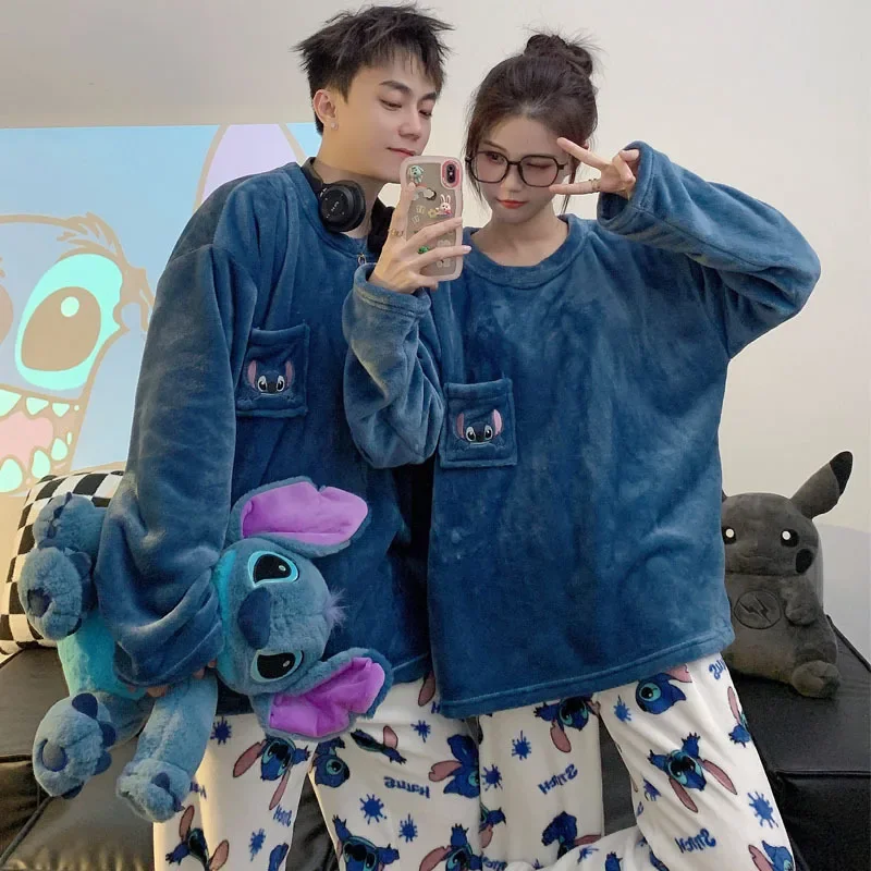 Disney winter warm couple pajamas set Stitch loungewear Disney loungewear cute cartoon Stitch couple warm pajamas