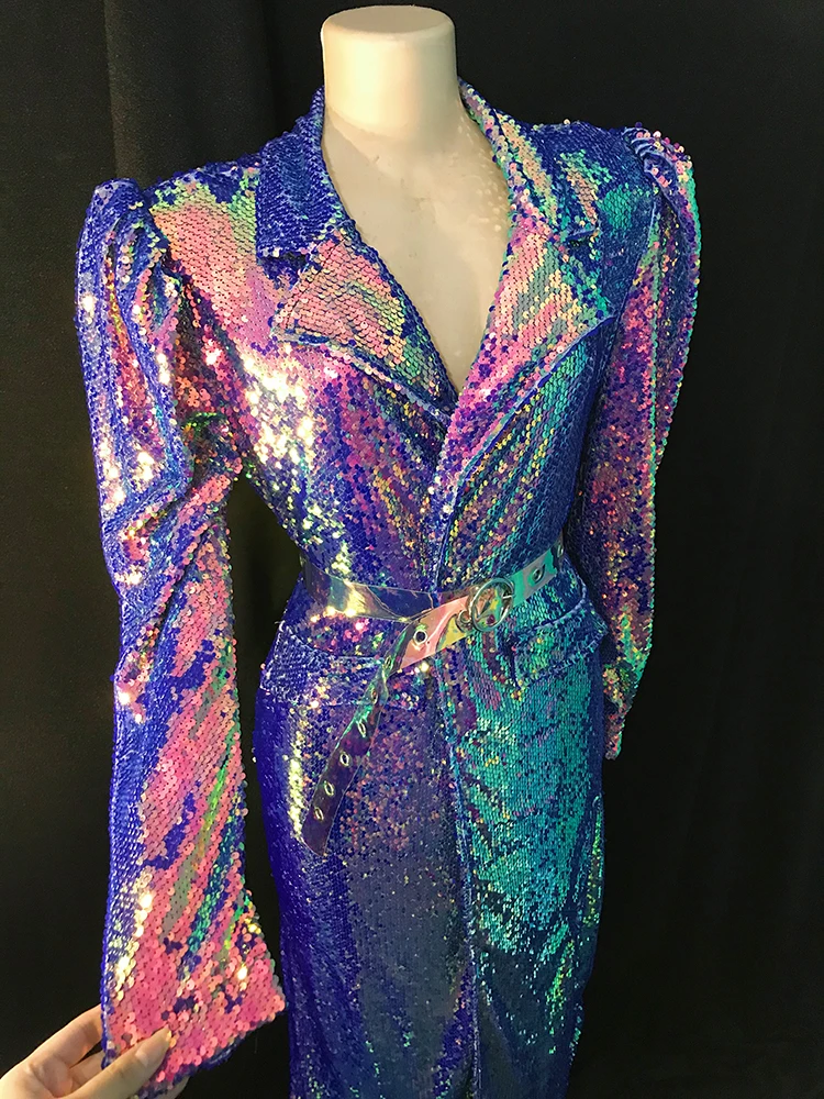 Bar Concert Stage Performance Glitter Sequins Long Coat Purple Blue Sequined Dress Cloak Nightclub Singer Drag Queen Costume