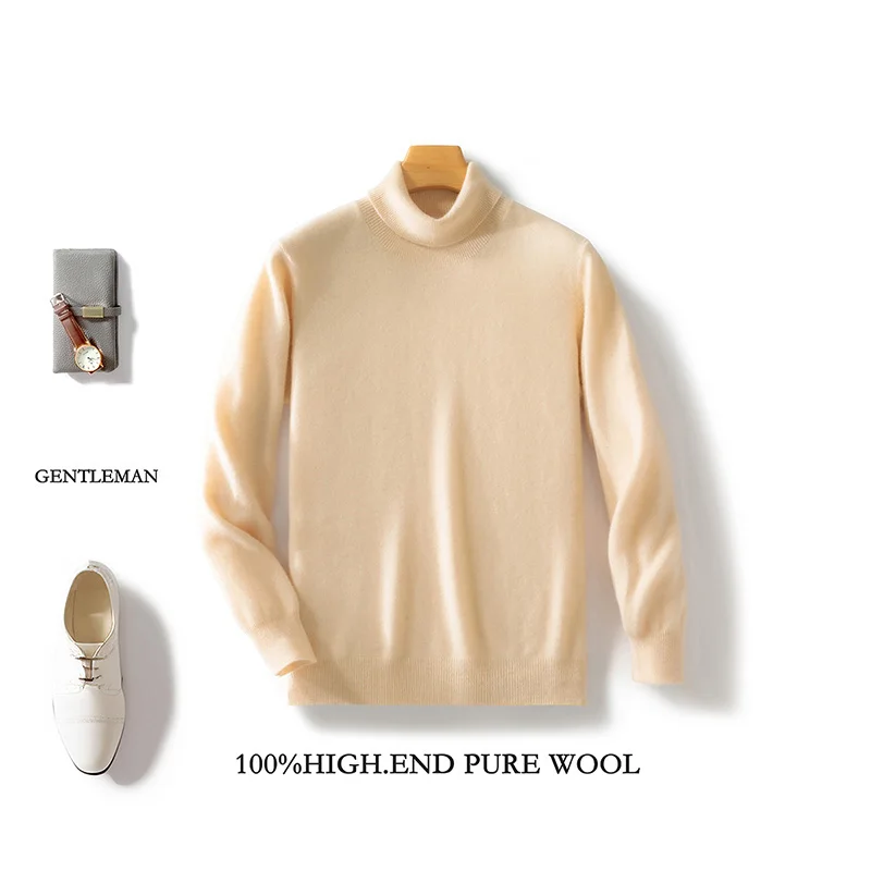 Sweter Lengan Panjang Wol Merino 100% Fashion Pria Atasan Pakaian Warna Solid Hangat Nyaman Kasual Kasmir Pullover Turtleneck