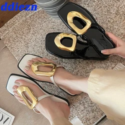 New In 2024 Luxury Women Slippers Summer Beach Fashion Metal Flip Flops Female Slides Slippers Ladies Flats Sandals Shoes