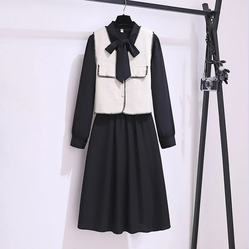 

Autumn Winter Elegant Two-piece Set For Women 2023 Vest Tops And Bow Tie Dress Female S-XL Elegant Party Casual Black Card Suit