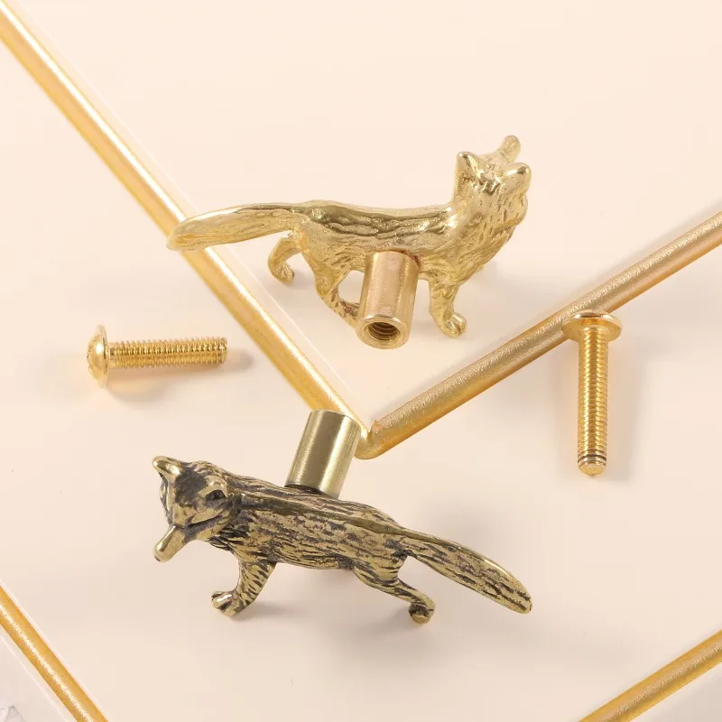 2Pcs European American Fox Brass Handle, Light Luxury Creative Cabinet Drawer Pull for Kids Bedroom Living Room