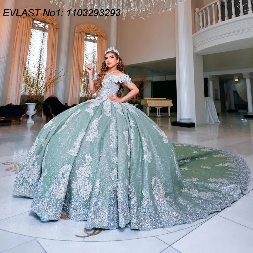 

EVLAST индивидуальное зеленое бальное платье 2026, платье Quinceanera цвета слоновой кости, кружевной корсет с аппликацией и бисером, Sweet 16, Vestidos De 15 Anos E1QN174