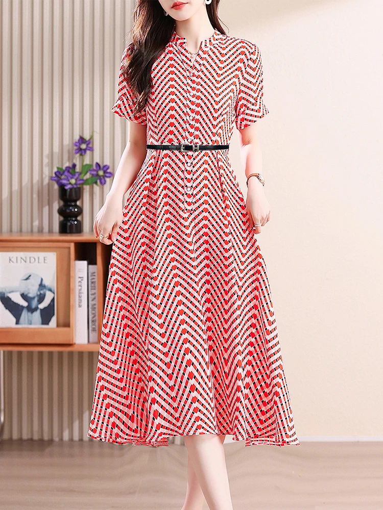 Sommer Rot Plaid Chiffon Chic Bandage Lange Kleid Frauen Koreanische Vintage Luxus Vestidos 2025, Elegante Bodycon Festival Party Kleid