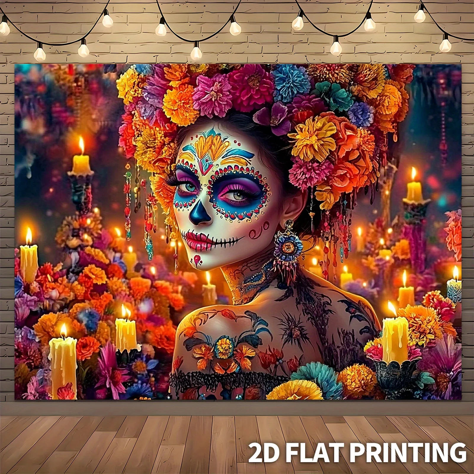 Mexican Day of the Dead Tapestry, Floral Sugar Skull Calavera Catrina Design for Halloween Wall Decor and Themed Party Backdrop