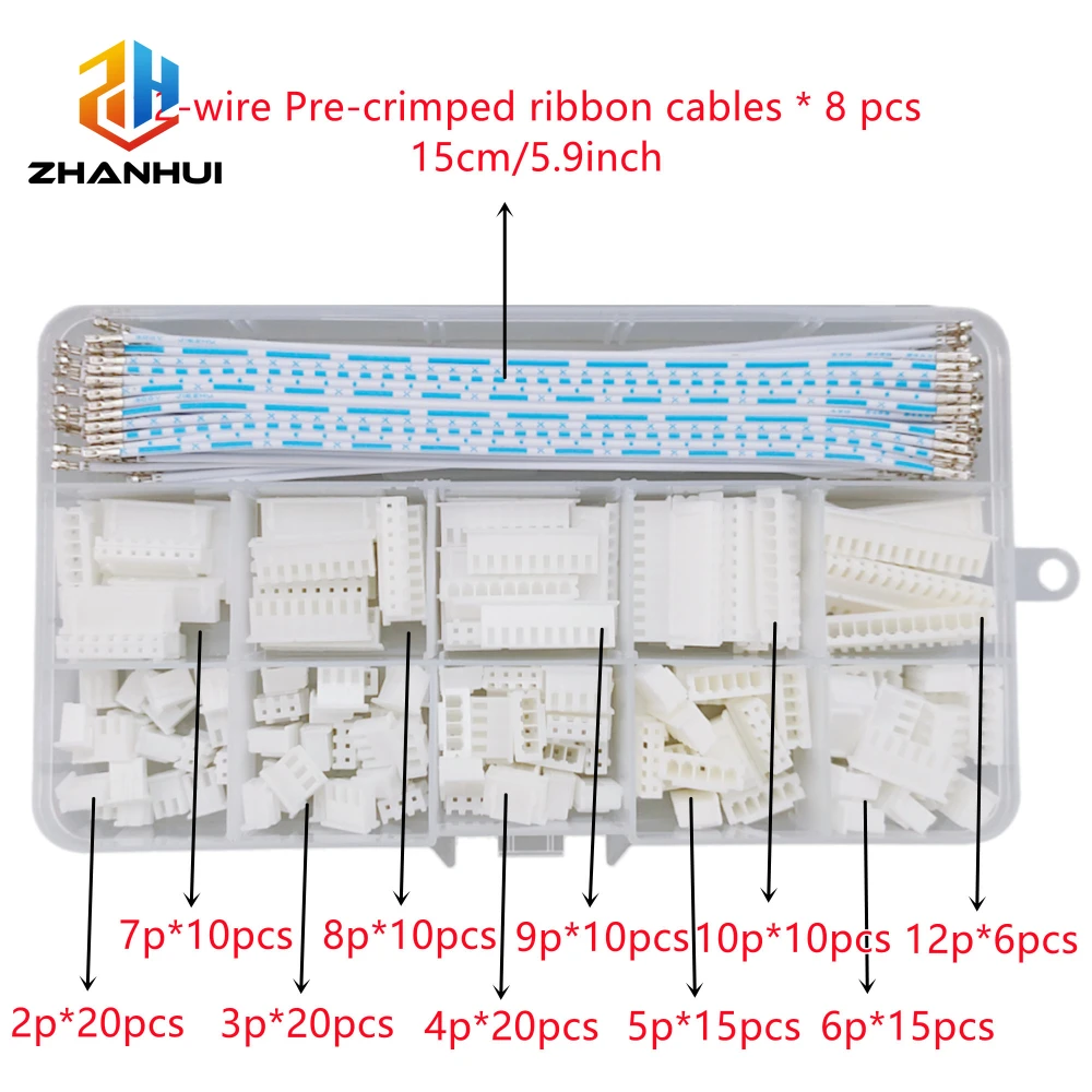 XH 2.54mm Connector Kit with 15cm Blue&White Double-End Flat Cable - 2P/3P/4P/5P/6P/7P/8P/9P/10P/12Pin JST XH Compatible