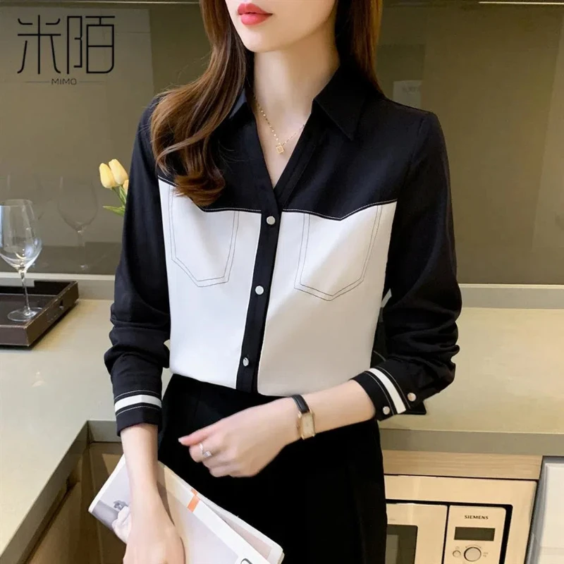 Temperament Contrast Youth Shirt Tops Spring Autumn New Long Sleeve V Neck Loose Casual Blouse Fashion Vintage Women Clothing