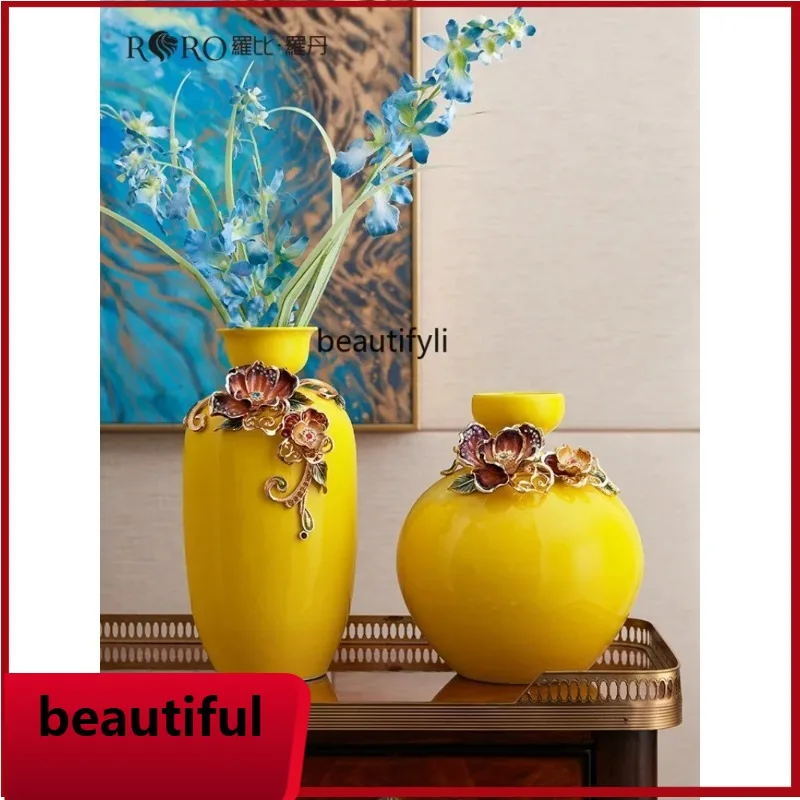 

F132 Enamel Craft Yellow Vase Creative Hallway Decoration Rich and Safe Home OrnamentX