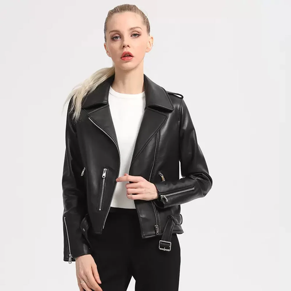 

Leather New Women Genuine Jacket Spring Autumn Casual Turn-downCollar Streetwear Style Short Sheepskin Coat Slim Biker Outerwear