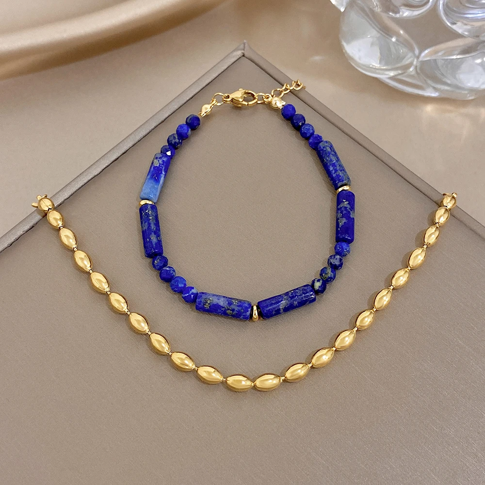 Freetry Elegant Golden Stainless Steel Beaded Bracelet Women Retro Stackable Blue Natural Stone Tube Beads Bangle Jewelry Gift
