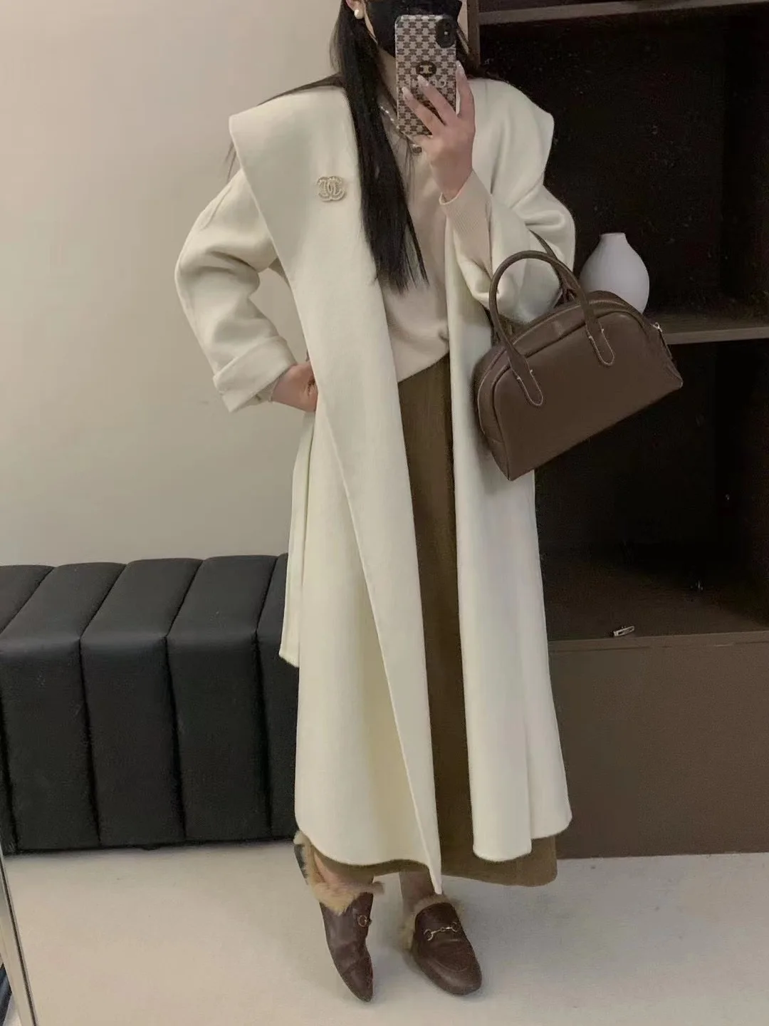 Korean Women Handmade Hepburn Corrugated Water Ripples Coat Double-sided Cashmere Wool Long Woolen Jacket Cashmere Coat