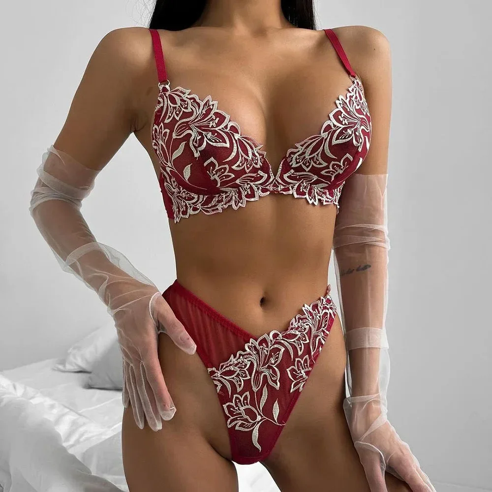 2024 Vrouwen Sexy Kant Exotische Set Mesh Bloemenprint Bh Set Doorzichtige String Lingerie Set Feest Dames Ondergoed