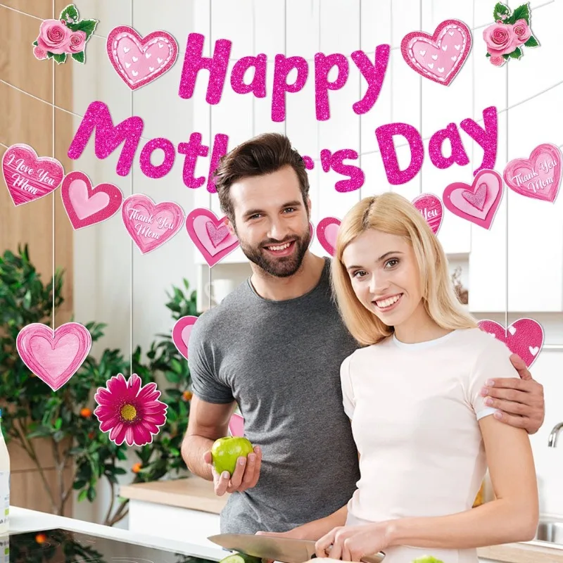 

DIY Mother Birthday Party Decorations Flower Hanging Flags Backdrop Bunting for Anniversary Thanksgiving Party