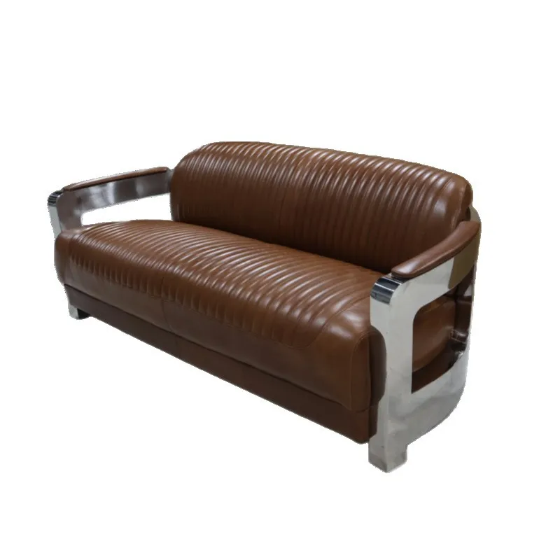 

Commercial grade retro leather stainless steel armrest three-seat hotel office sofa chair
