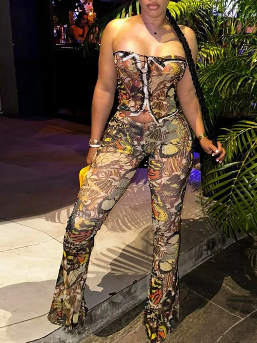 LW sexy Women Fashion 2piece Set sleeveless Crop Top Butterfly Print Top + Flared Pants Set Elastic Matching Streetwear Outfits
