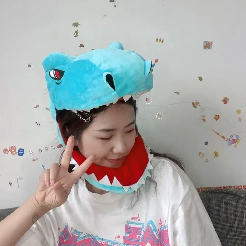 

PP Cotton Doll Headgear Dinosaur Adult Shark Plush Dinosaur Hat Kawaii Cartoon Plush Shark Hat Christmas Gift