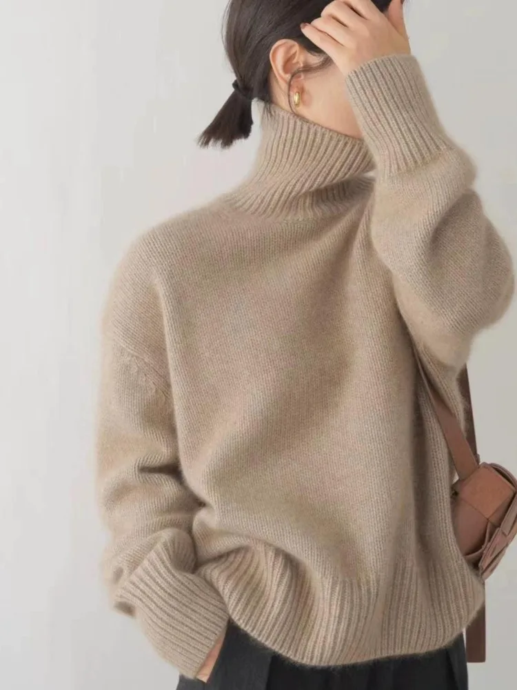 LANMREM Women Knitted Pullover High Neck Solid Color Loose Korean Style Thick Warm Sweater 2024 Autumn Winter New 2DA8701