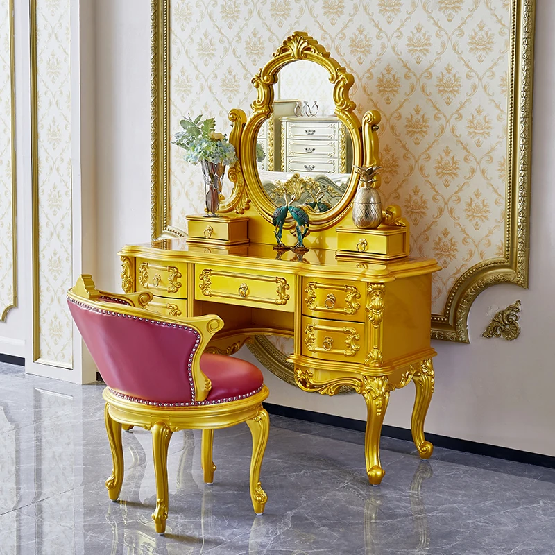 

Туалетный столик из цельного дерева в европейском стиле, туалетный столик для спальни, роскошный дворцовый резной туалетный шкаф