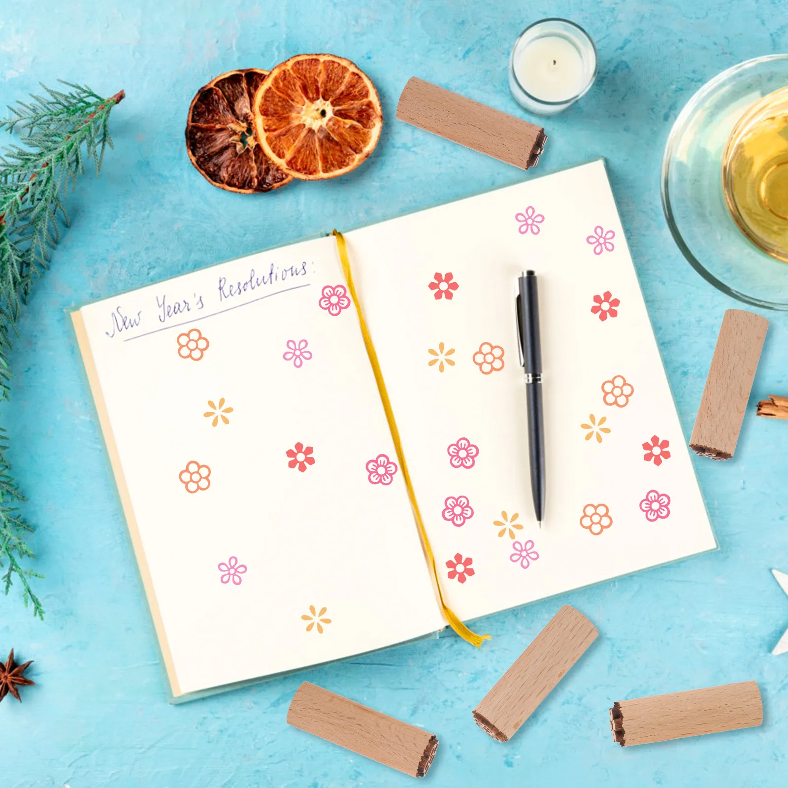 Wooden Flower Stamps 5 Piece Carved Floral Pattern Set for DIY Planners Paper Wood Crafts Scrapbooking