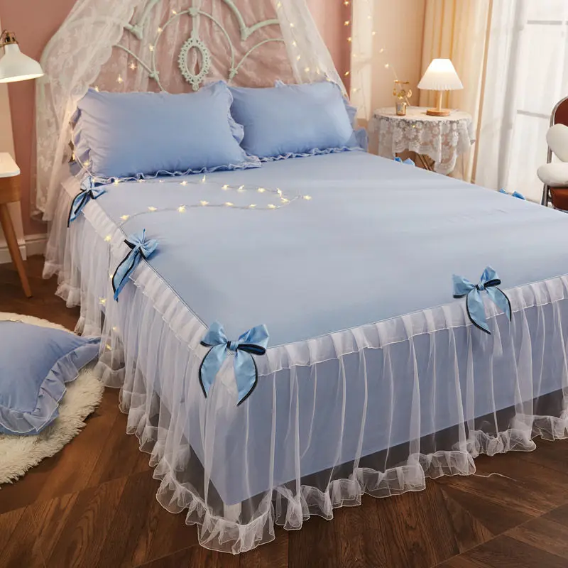 3Pcs/set Double Lace Bed Sheet Skirt Elastic Fitted Bedspread with Pillowcases Mattress Cover Bedding Set King Size Bedsheet