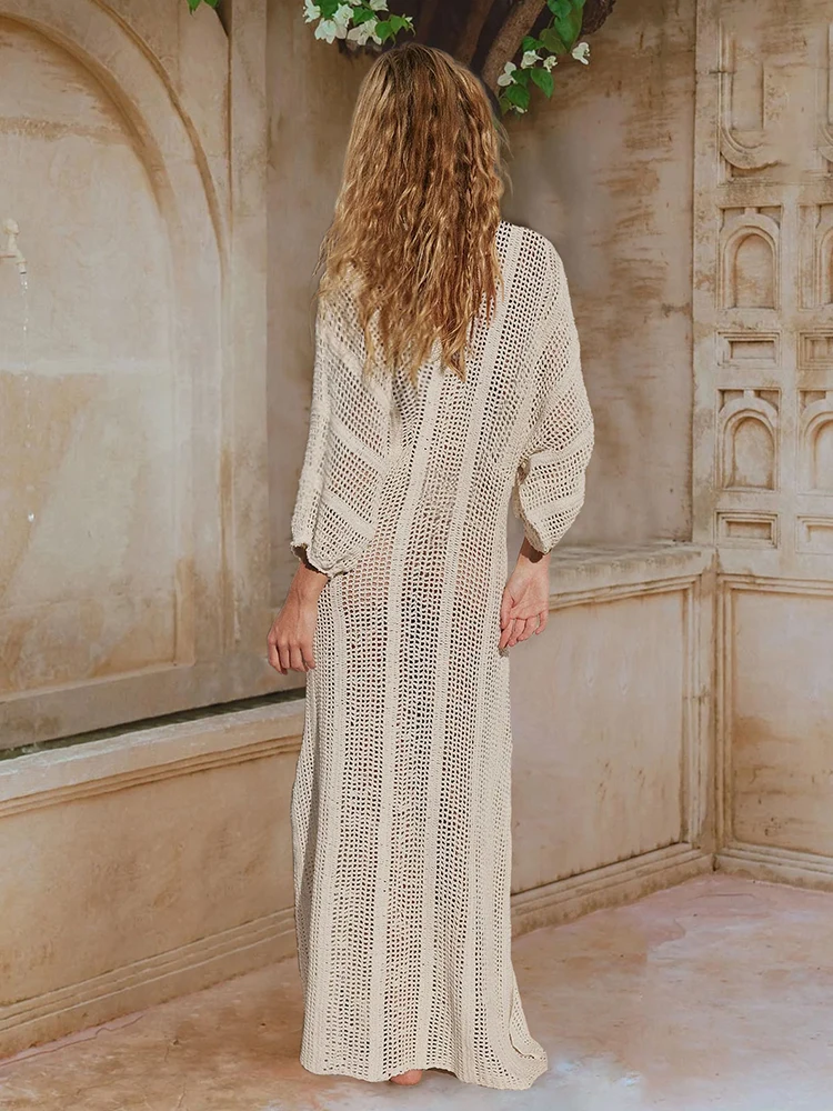 Elegant Knit Long Dress 2024 Sexy See-through V Neck Lantern Sleeve Side Split Beach Maxi Dresses Holiday Swimsuit Cover Up K15