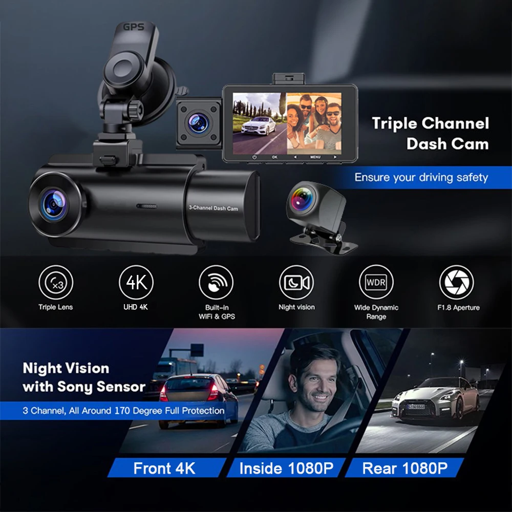 3 Channel 4K Dash Cam Front Inside Rear Three Way Car Dash Camera, 4K+1080P Dual Channel With GPS WiFi IR Night Vision Camcorder
