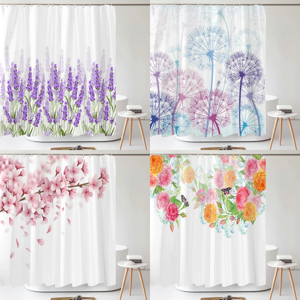 Nordic Minimalist Flowers Shower Curtain Print Modern Purple Lavender Flower Polyster Home Decor Bathroom Curtains with Hooks