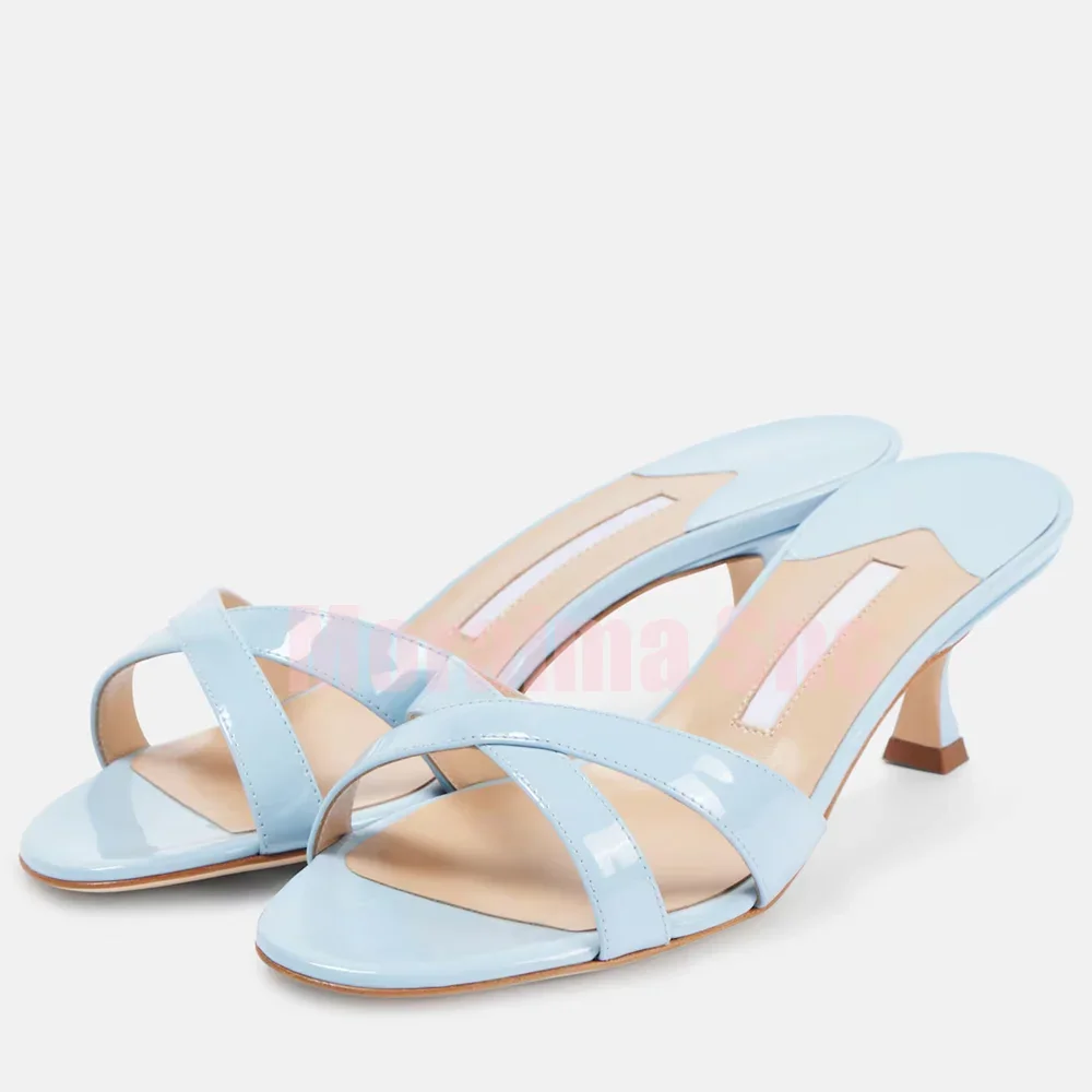 

Patent Leather Cross Strap Mules Thin Low Heel Slip On Round Open Toe Sky Blue Fashion Women's Summer Slippers Solid Concise New