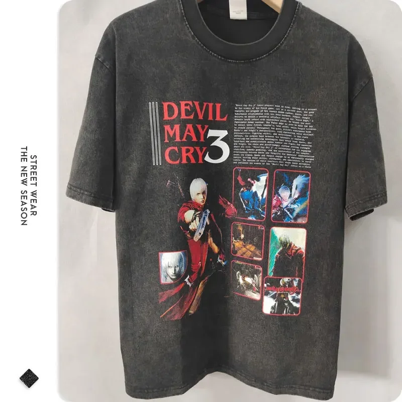 Dante Vergil Nero T Shirt Hip Hop PC Game Devil May Cry Vintage Washed Tops Tees Oversized Short Sleeve T-shirt  Man 100% Cotton