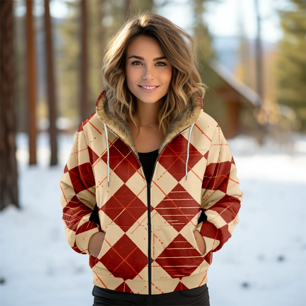 

Retro Brown & Cream Checkered Winter Jacket Women’s Fleece-Lined Coat with Soft Hood Vintage Zip-Up Coat for Cold Weather