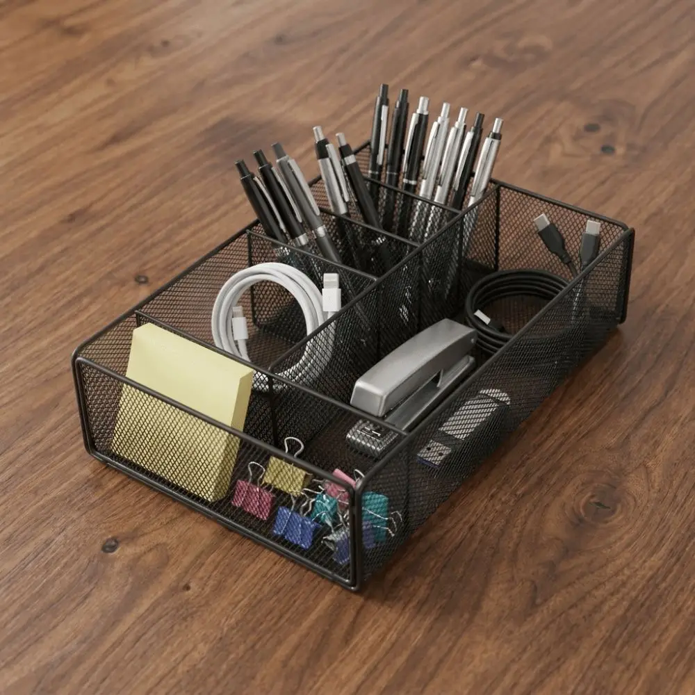 6 Compartments Metal Desk Organizer Hollow Multi-Compartment Pen Holder Spray Painting Process Iron Stationery Storage Box