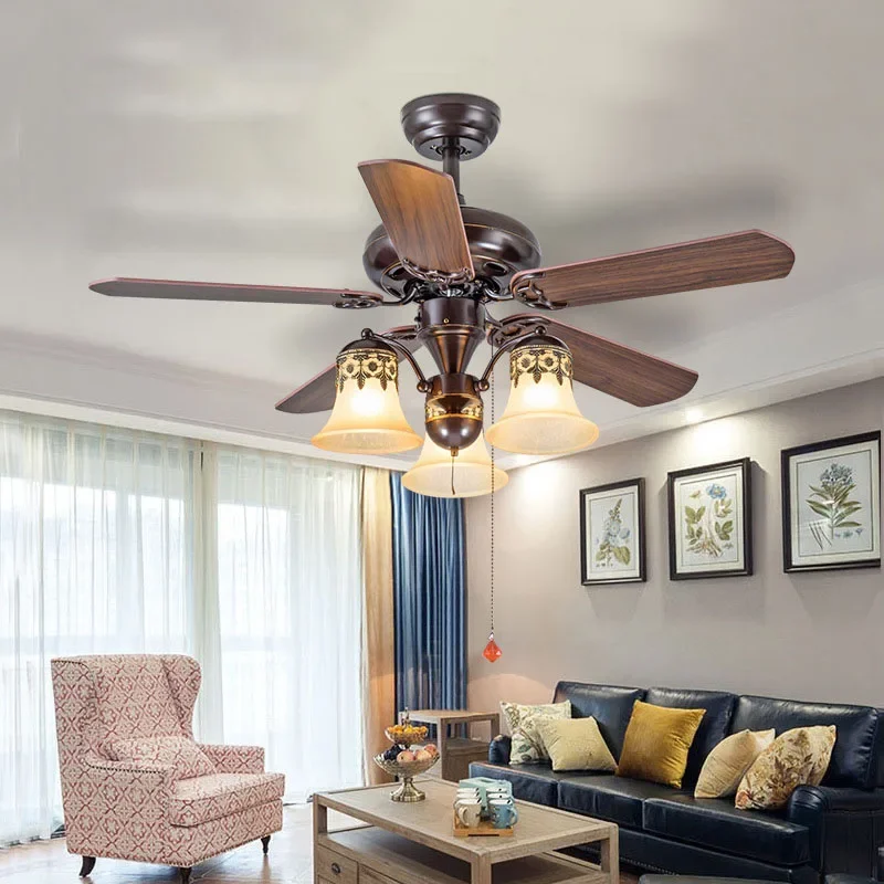 Vintage ceiling fan with light Living room Kitchen Dining room roof fan with remote controller 42 Inch industrial ceiling fan