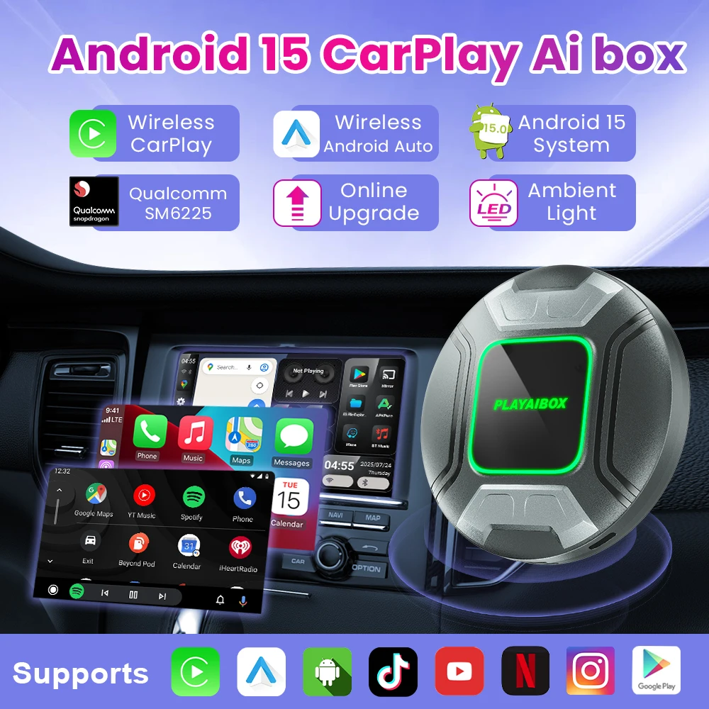 PLAYAIBOX أندرويد 15 CarPlay AI صندوق لاسلكي أندرويد السيارات Carplay صندوق التلفزيون الذكي اكسسوارات السيارات ل Jeep Renegade Wrangler