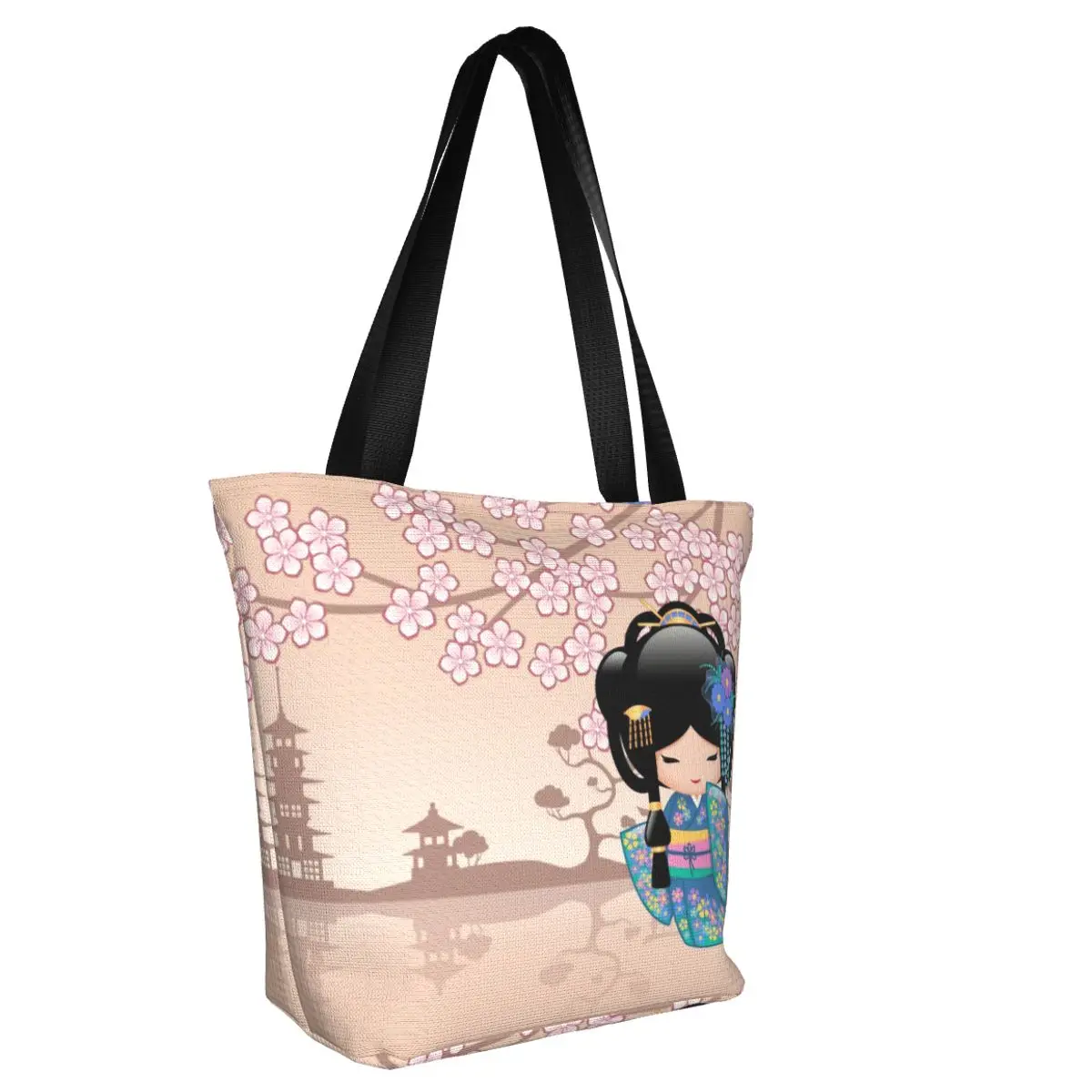 Custom Japanese Keiko Kokeshi Doll Shopping Bag Women Canvas Shoulder Tote Bag Durable Sakura Blossom Grocery Shopper Bags