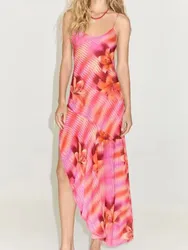 Fashion Dress For Women Chic Flower Printed V Neck Beach Sleeveless Backless Ruffles Midi Dresses 2025 Summer Lady Holiday Robes