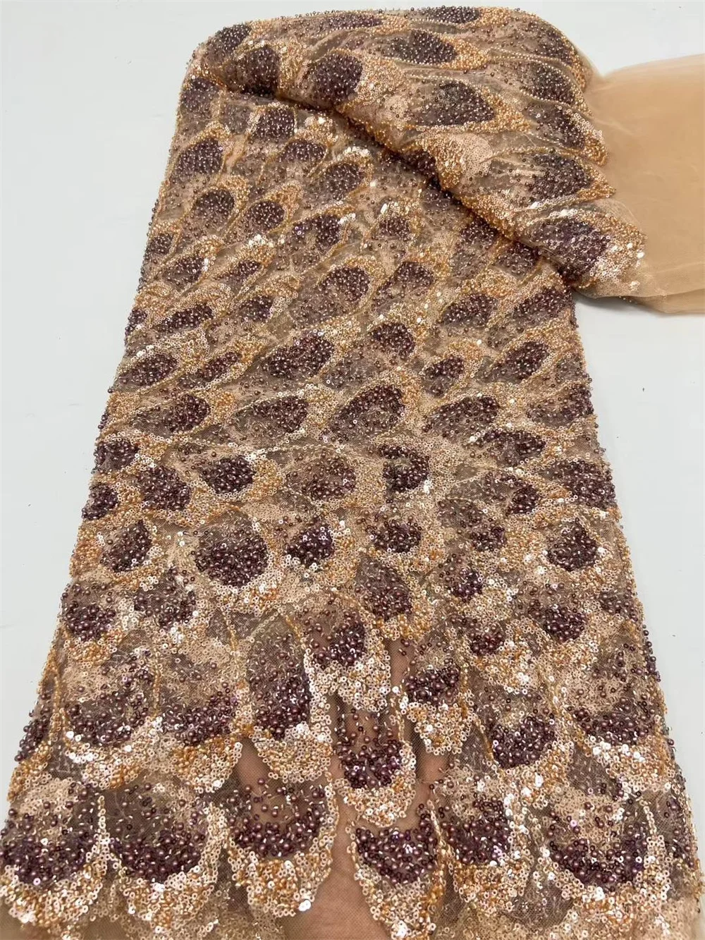 

Gold Lace Fabric 5 Yards High Quality Luxury Handmade Beads Sequins Lace Fabric High Quality 2025 Sewing Wedding Dresses W698-1