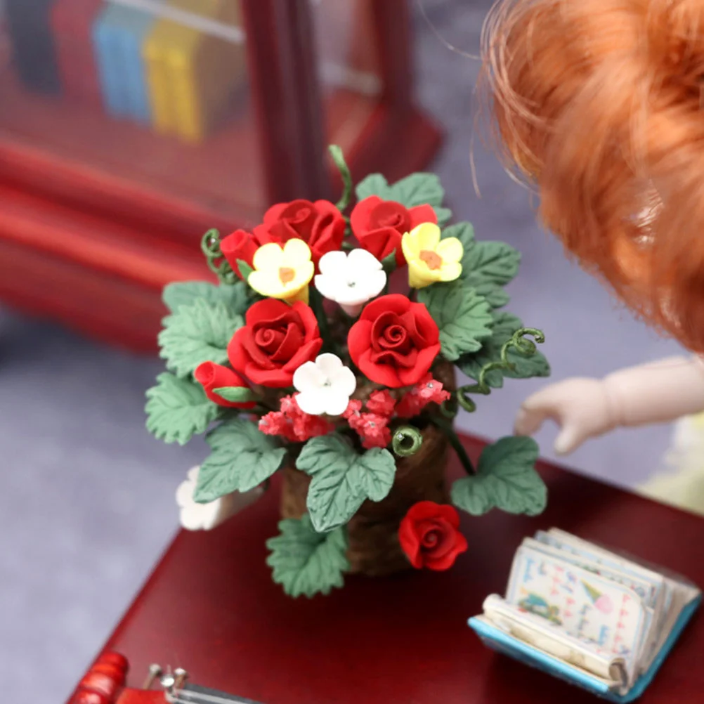 Indoor Plants Dollhouse Red Rose Mini Planter Decor Miniature Flower Pot Ornaments Decorate Decoration Floral Rosy Scene