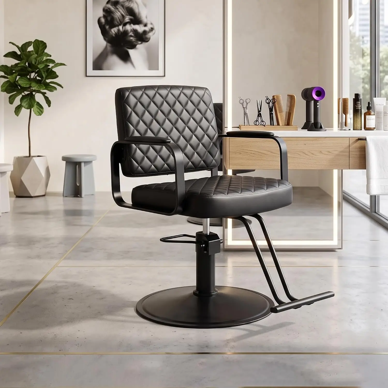 360° Rotatable Salon Chair with Footrest & PU Cushion, Black, Customized