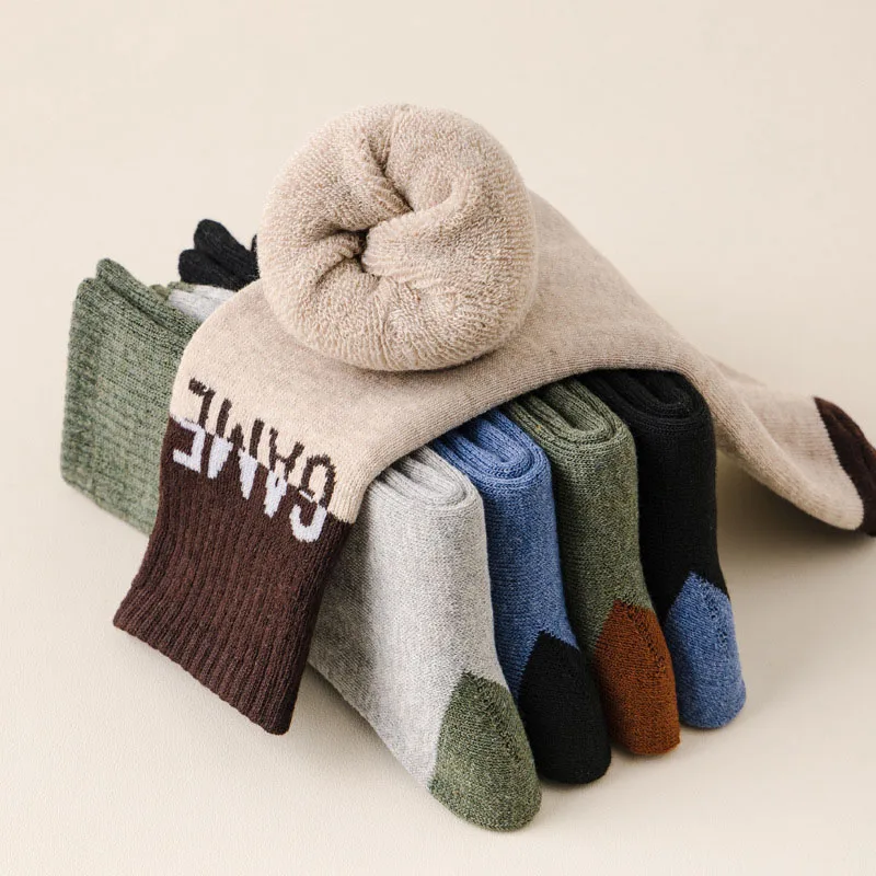 2023 Autumn Winter Men's Thickened Warm Socks High Quality Plush Thickened Warm Comfortable Color Matching Letter Socks 5 Pairs