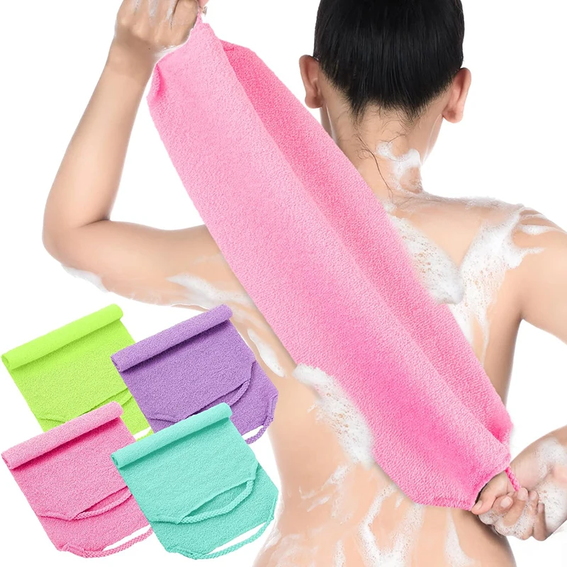 4Pcs Shower Exfoliating Towel Back Scrubber with Handle Soft Nylon Exfoliating Washcloth for Body Clean Skin Massage