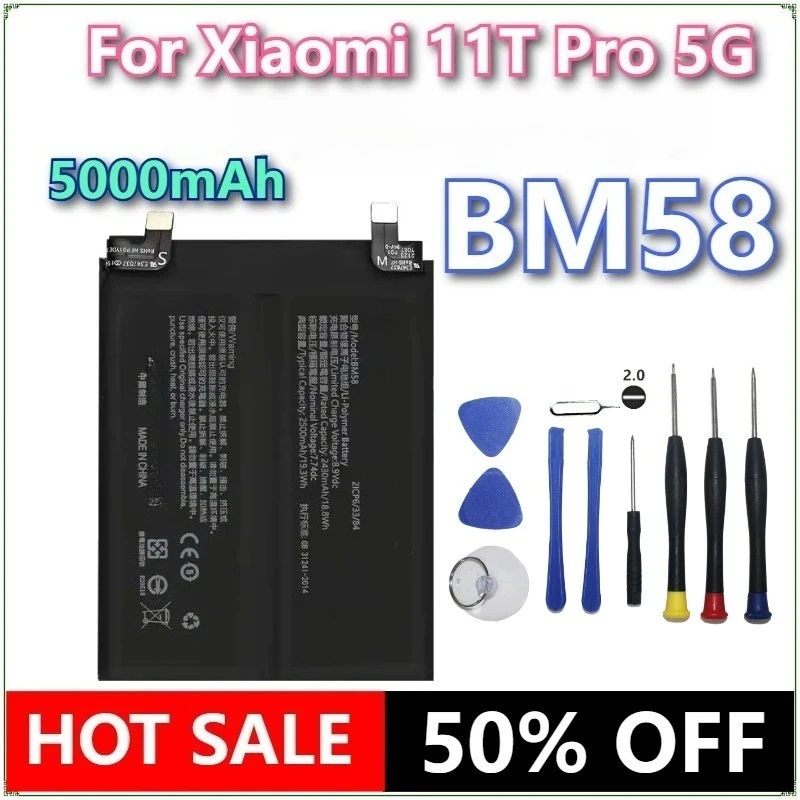 

Совершенно новый аккумулятор мобильного телефона BM58 5000 мАч для Xiaomi 11T Pro 5G, сменные аккумуляторы для телефона + инструменты