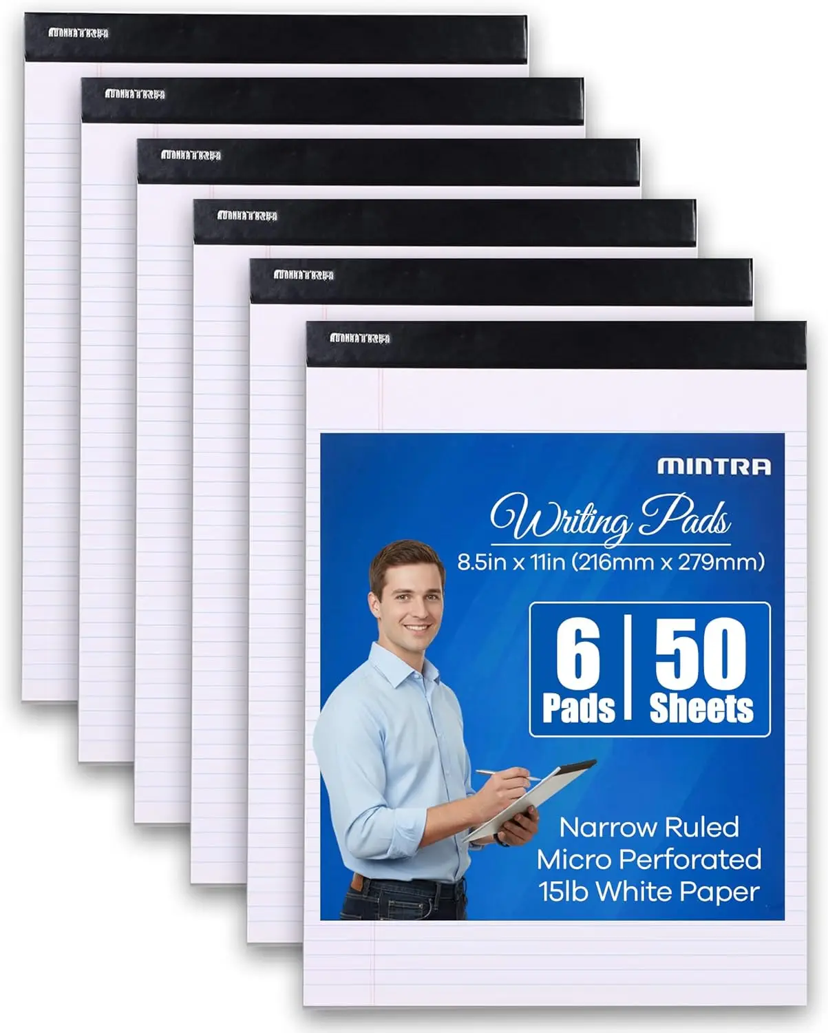 

White Legal Pads 6 Pack, 8.5x11 Narrow Ruled Notepads with Micro-Perforated Sheets for Office, Writing & Note-Taking
