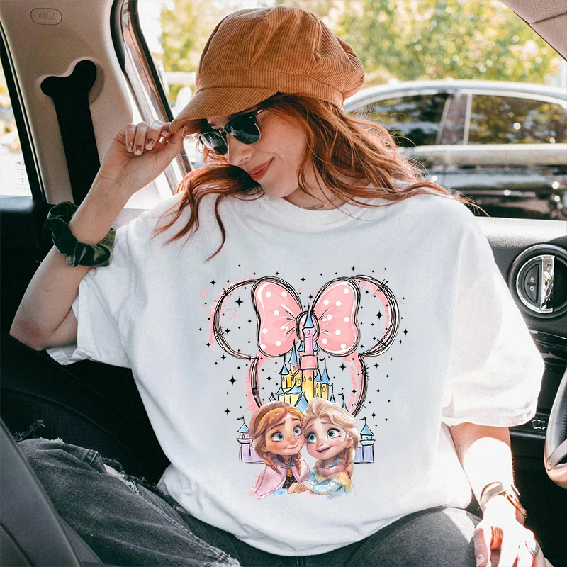 

Женская футболка с принтом «Холодное сердце» принцессы Диснея, Эльзы и Анны, повседневный топ из чистого хлопка с короткими рукавами, свободная женская одежда, топы