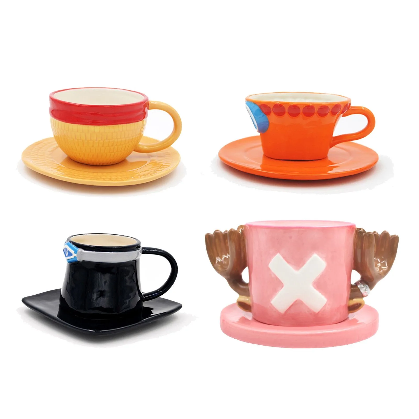 Anime-Themen-Kaffeetassen- und Untertassen-Set, Cartoon-Keramikbecher, Drei Brüder, hutförmig, 3D-Relief, Frühstücksbecher, Wasserbecher, Geburtstagsgeschenk
