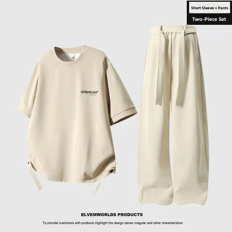 

Korean Style Summer Men's Casual Sportswear Set Fashionable Versatile Dopaamine Short Sleeve Long Pants Two Piece Set