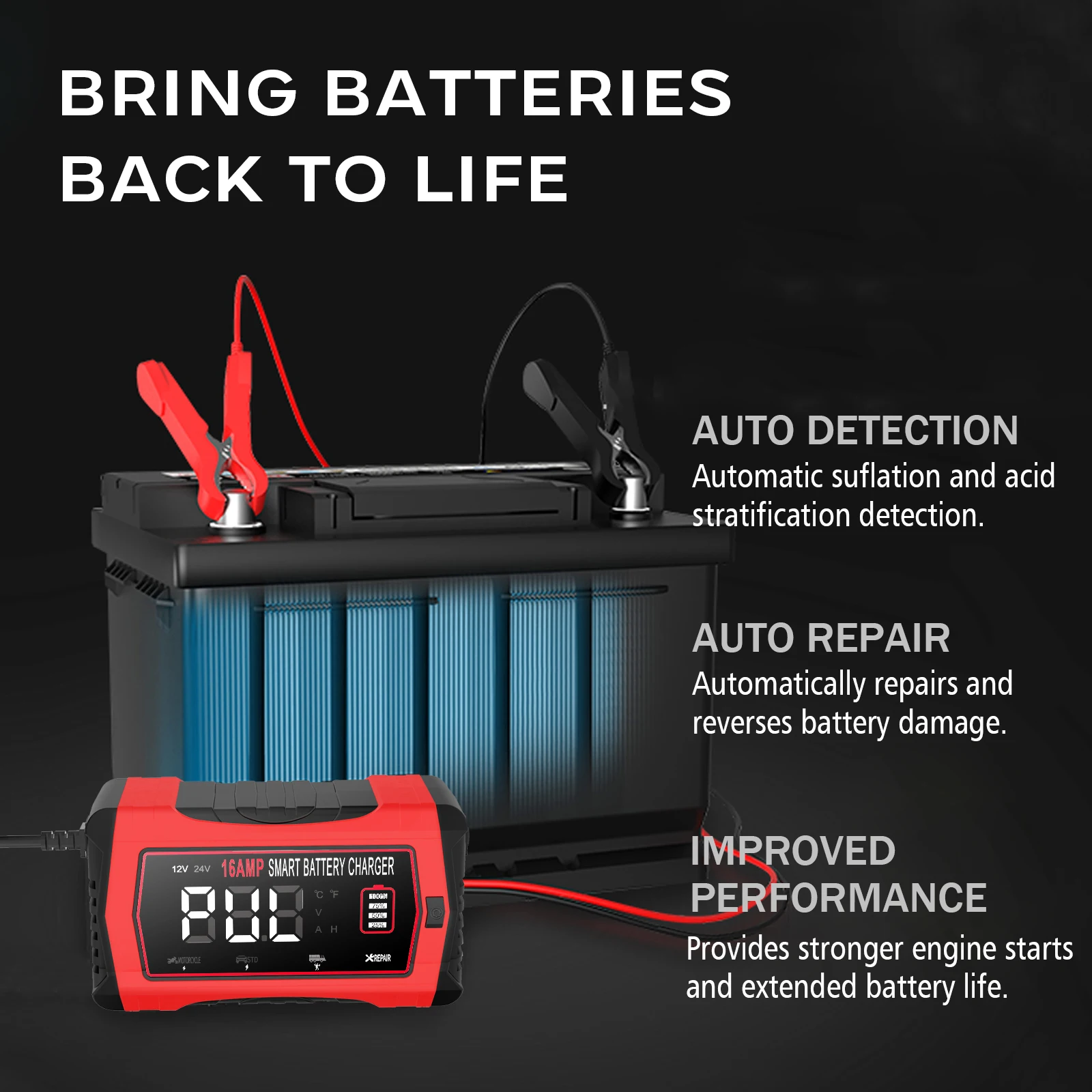 6V 12V 24V 16A Universal Repair Car Battery Charger Intelligent Repair Motorcycle Charger for Lead Acid AGM GEL LiFePO4 Battery