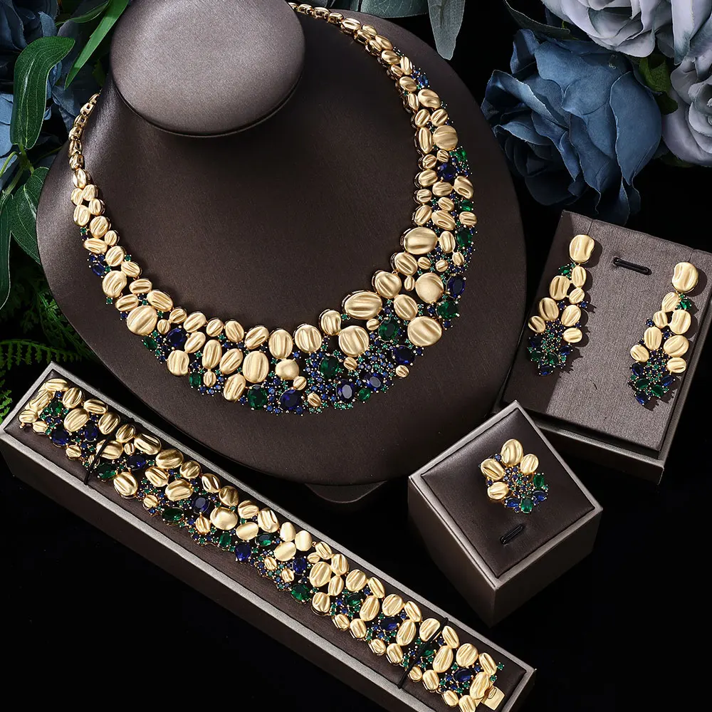 HIBRIDE New Luxury Pink Jewelry Set of 4 Necklaces Earrings Bracelets Womens Dress Suitable for Wedding Prom Holiday Gifts S-956